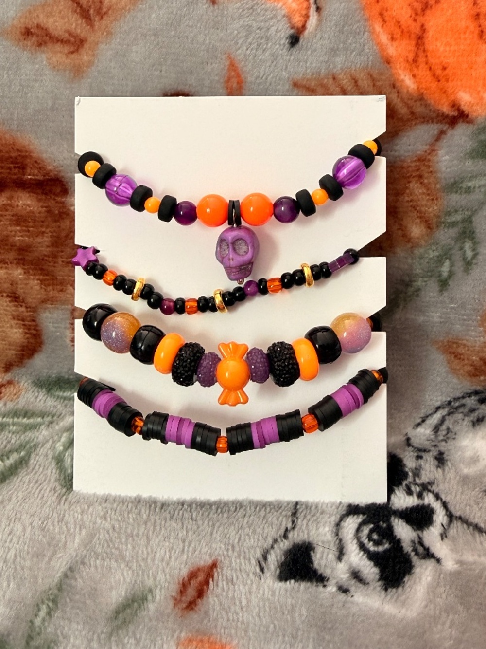 Set of 4pcs Elastic Purple Orange Black Halloween Skull Candy Bracelets - 6”